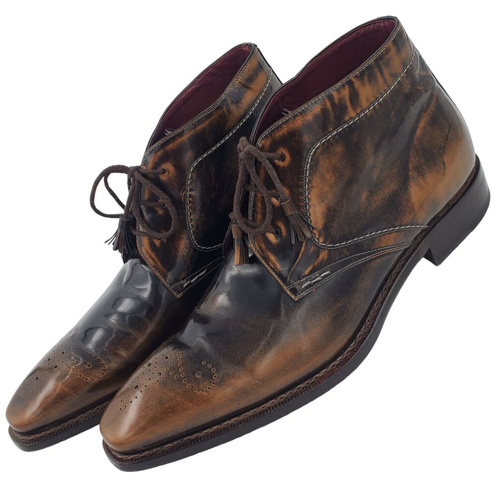 Mezlan Spain Antiqued Brown Gloss Leather Chukka Boots Mens 12 Dress Ankle Shoes - Picture 9 of 13